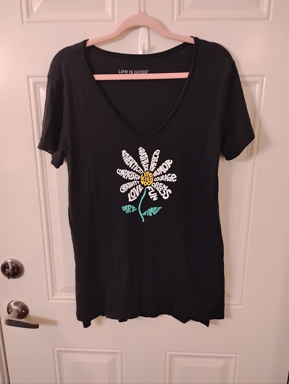Life Is Good Black V-Neck Tee with Floral Word Art